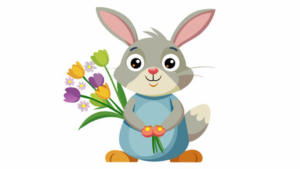 Easter Bunny Delight Charming Rabbit Holding a Blossoming Flower - Vector Illustration