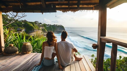Couple enjoying morning vacations on tropical beach bungalow looking ocean view Relaxing holiday