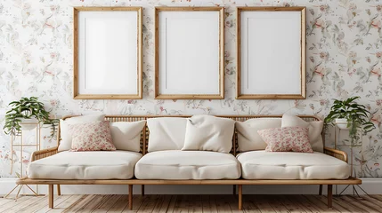 Foto op Plexiglas Multi mockup poster frames on wallpapered accent wall, near vintage divan, Scandinavian style living room © inaamart