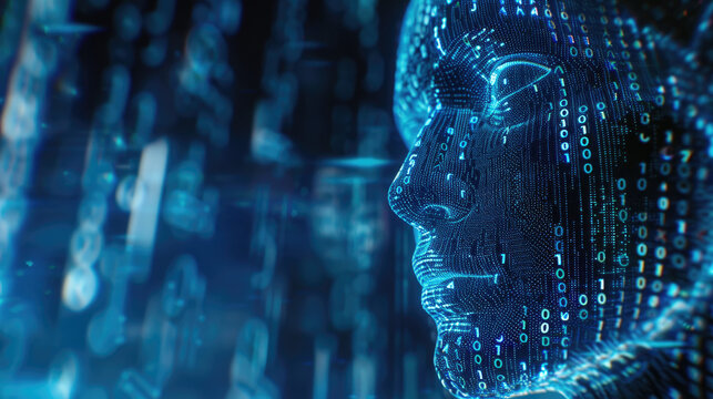 Rosto Humano de Intelig&ecirc;ncia Artificial com Dados Bin&aacute;rios, Tecnologia, Chuva de C&oacute;digos Azul Abstrato