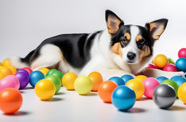 Fototapeta na wymiar Dog lies on the floor with multi-colored balls and toys.