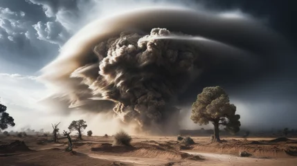 Gordijnen Destructive tornado unleashes raw power, transforming the landscape with debris and dust © chelmicky