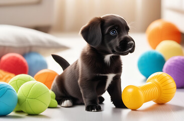 Small puppy sits in a room next to multi-colored toy balls.