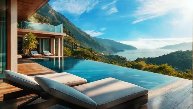 panoramic villa with blue sea views. Stunning natural views with modern villas and swimming pools with mountain views. Seamless looping 4k video animation.