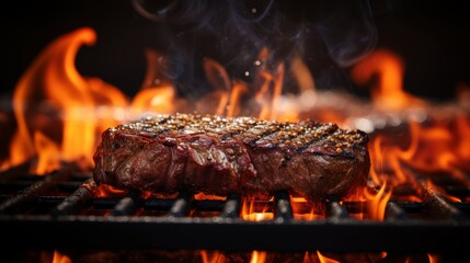Sizzling meat on grill with flames, evoking smell and warmth, blurred background - obrazy, fototapety, plakaty