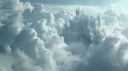 Fototapeta premium a majestic castle nestled amidst billowing clouds, all bathed in a serene white hue.