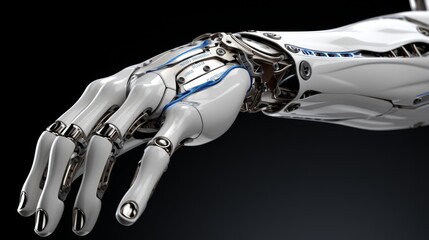 Close-up. detailed cybernetic arm with embedded mechanisms on blurred background - copy space