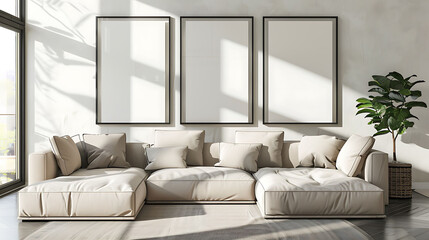 Multi mockup poster frames on glass wall, near modular sectional sofa, Scandinavian style living room