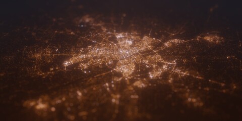 Street lights map of Warsaw (Poland) with tilt-shift effect, view from east. Imitation of macro shot with blurred background. 3d render, selective focus