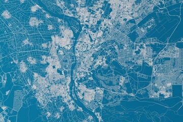 Map of the streets of Cairo (Egypt) made with white lines on blue background. 3d render, illustration - obrazy, fototapety, plakaty