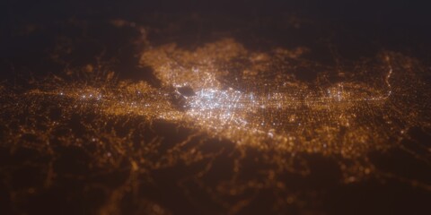 Street lights map of Cochabamba (Bolivia) with tilt-shift effect, view from north. Imitation of macro shot with blurred background. 3d render, selective focus