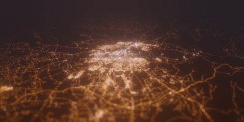 Street lights map of Fez (Morocco) with tilt-shift effect, view from south. Imitation of macro shot with blurred background. 3d render, selective focus