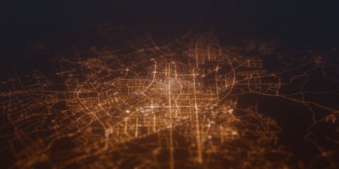 Street lights map of Changchun (China) with tilt-shift effect, view from south. Imitation of macro shot with blurred background. 3d render, selective focus
