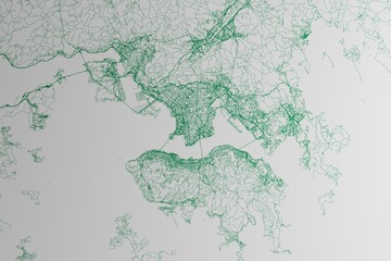 Map of the streets of Hong Kong made with green lines on white paper. 3d render, illustration