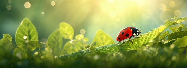 Obraz na płótnie Canvas Ladybug on a green leaf in a spring meadow, selective focus close-up. banner with copy space for text
