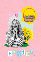 Vertical photo collage young excited girl dream think easter basket painted decorated eggs rabbit costume springtime holiday celebration