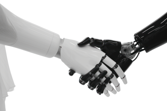 Human hands shake hands with robots. Cooperation and robot hands shake hands.