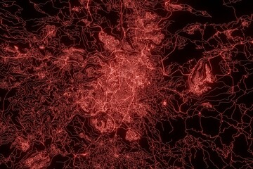 Street map of Jerusalem (Israel) made with red illumination and glow effect. Top view on roads network. 3d render, illustration - obrazy, fototapety, plakaty