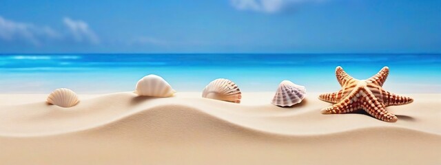 Beach summer panoramic background with seashells and starfish.