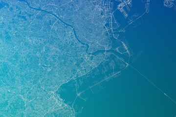Map of the streets of Kawasaki (Japan) made with white lines on greenish blue gradient background. 3d render, illustration - obrazy, fototapety, plakaty