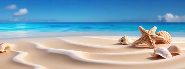Fototapeta na wymiar Beach summer panoramic background with seashells and starfish.