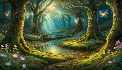 forest magic painting illustration wallpaper background spring  - obrazy, fototapety, plakaty