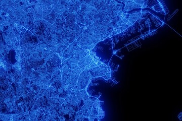 Street map of Yokohama (Japan) made with blue illumination and glow effect. Top view on roads network - obrazy, fototapety, plakaty