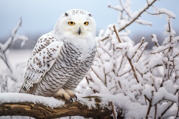 Fototapeta premium Wintry Snowy owl tree branch. Winter raptor. Generate Ai