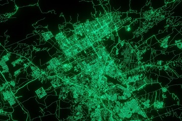 Map of the streets of Islamabad (Pakistan) made with green illumination and glow effect. Top view on roads network. 3d render, illustration - obrazy, fototapety, plakaty