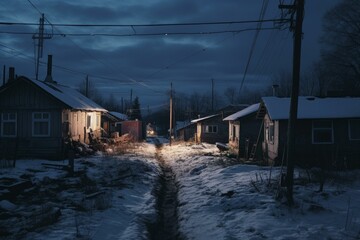 Picturesque Snowy russian village street. Chalet cabin. Generate AI