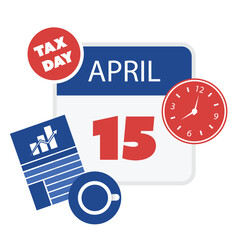 Tax Day Reminder Concept, Calendar Page with Clock - Vector Design  Element Template Isolated on White Background - USA Tax Deadline, Due Date for IRS Federal Income Tax Returns:15th April, Year 2024