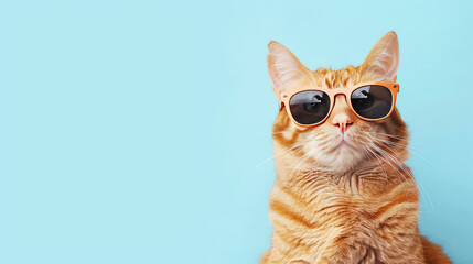 Light Cyan Background and a Funny Ginger Cat in Sunglasses