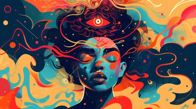 Third Eye Intuition Amid Surreal Vibrant Shapes