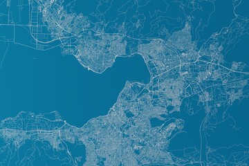 Map of the streets of Izmir (Turkey) made with white lines on blue background. 3d render, illustration - obrazy, fototapety, plakaty