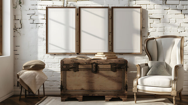 Multi mockup poster frames on a vintage trunk, near a chic accent chair