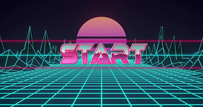 Animation of start text over digital sun and mountains