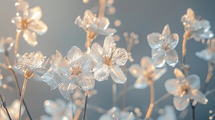 Iridescent flowers shining on a blue background