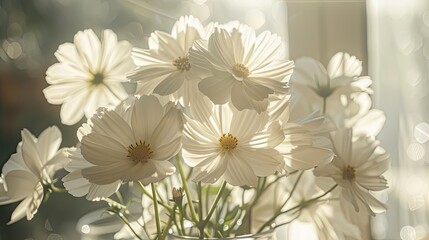 White cosmos flowers illuminated by sunlight