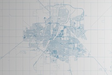 Map of the streets of Saskatoon (Canada) made with blue lines on white paper. 3d render, illustration