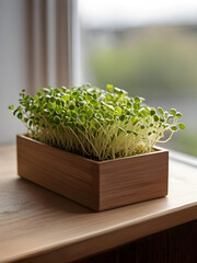 Microgreens growing in a wooden box, standing on the windowsill