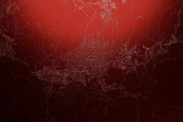 Street map of San Salvador (El Salvador) engraved on red metal background. Light is coming from top. 3d render, illustration