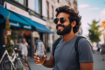 Handsome young European or American guy drinking a soft drink in a recyclable glass with a straw on a hot day