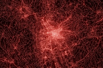 Street map of Graz (Austria) made with red illumination and glow effect. Top view on roads network. 3d render, illustration - obrazy, fototapety, plakaty