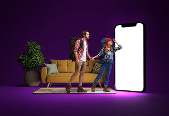 Young man and woman, couple with backpacks on back looking at giant 3D model screen, buying tickets online, choosing destination. Travelling. Mockup for ad, text, design, logo
