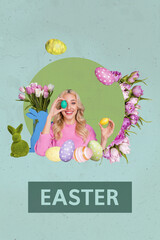Creative drawing collage picture of young girl egg cover eye flowers celebrate easter invitation...