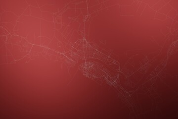 Map of the streets of Parnu (Estonia) made with white lines on abstract red background lit by two lights. Top view. 3d render, illustration