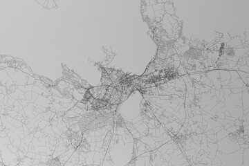 Map of the streets of Tallinn (Estonia) made with black lines on grey paper. Top view. 3d render, illustration