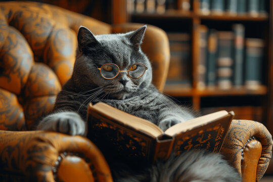 A grumpy but cute gray cat reading a science book on a vintage-style chair in an ancient library