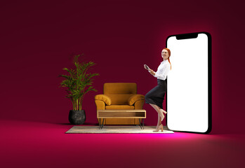 Woman in business clothes leaning on giant 3D model smartphone with armchair and plant beside her. Developing online app. Concept of innovation, modern technology. Mockup for ad, text, design, logo