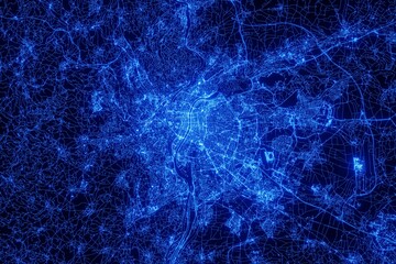 Street map of Lyon (France) made with blue illumination and glow effect. Top view on roads network - obrazy, fototapety, plakaty